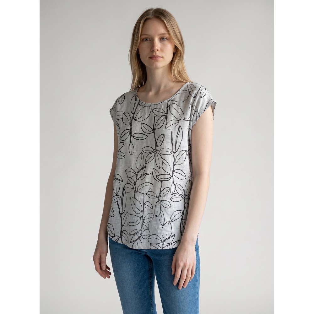 Cynthia Rowley Womens 100% Linen Botanical Leaf Print Cap Sleeve Top Grey Medium